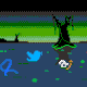 A pixelated illustration showing tech-company logos floating in a creepy swamp