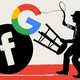 An illustration of a man taming the Google and Facebook logo.