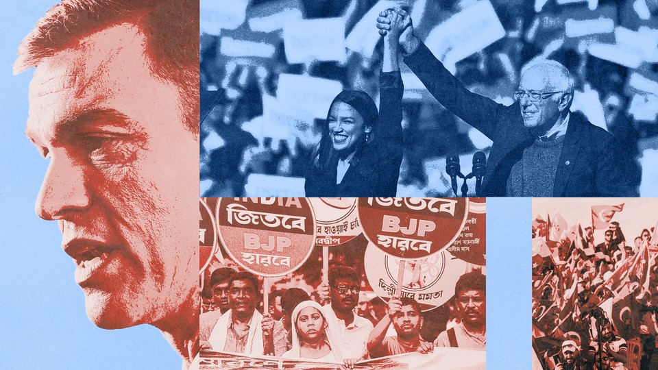 A collage of photos shows Pedro Sanchez, the Indian leftist party, Bernie Sanders and Alexandra Ocasio-Cortez, and a Turkey Workers Party rally