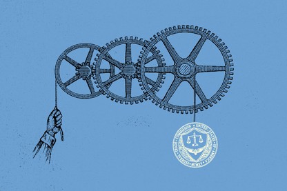 An illustration featuring the insignia of the FTC with gears of government machinery above it.