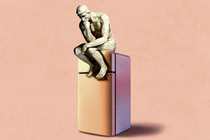 An illustration of Rodin's "The Thinker" statute perched on top of a fridge