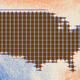 A drawing of a map of the U.S. made up of crosshatched orange and blue lines, against a dotted orange-and-blue background