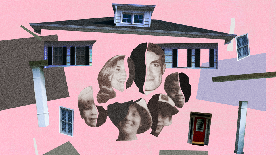 A collage of photos of Bob and Sheryl Guterl and four of their children spread among pieces of a house, set against a pink background