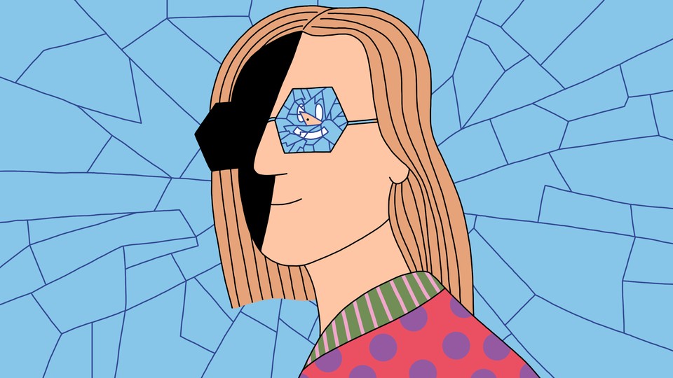 An illustration showing a woman with half her face in shade and with cracked-lens glasses.