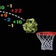 Illustration of a crumpled up dollar bill arcing toward at a basketball hoop. Multicolored numbers surround a dotted line of its trajectory.
