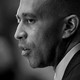 A black-and-white photo of Hakeem Jeffries