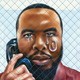 painting of handcuffed man behind prison glass wearing maroon collared shirt holding black phone receiver with silver cord to his ear, with large tears on his face including one with a portrait of a smiling woman inside