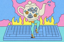 A teapot with legs dancing on a keyboard