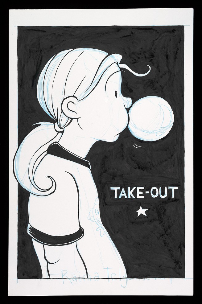 illustration of ponytailed girl blowing a bubble-gum bubble with "TAKE-OUT" and star