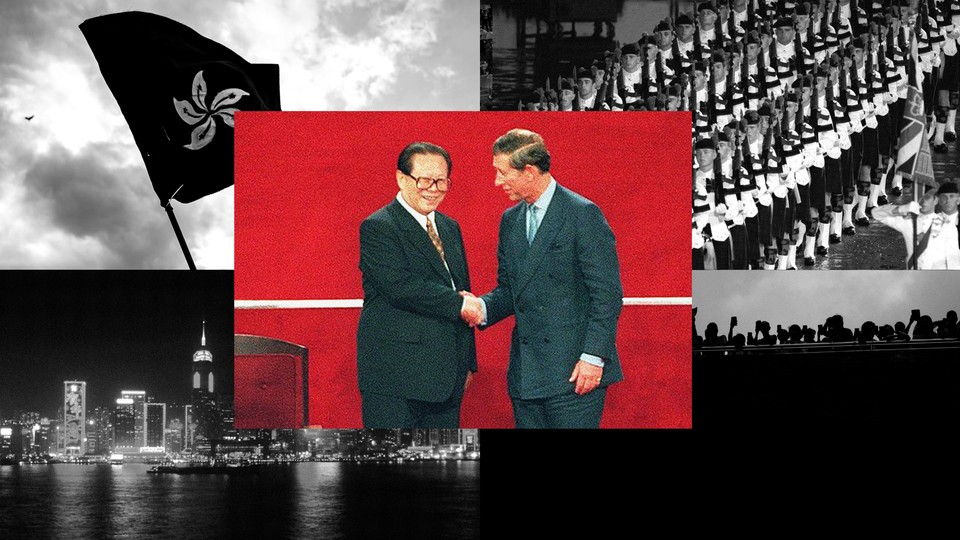 A collage of photographs from Hong Kong, including from the 1997 handover