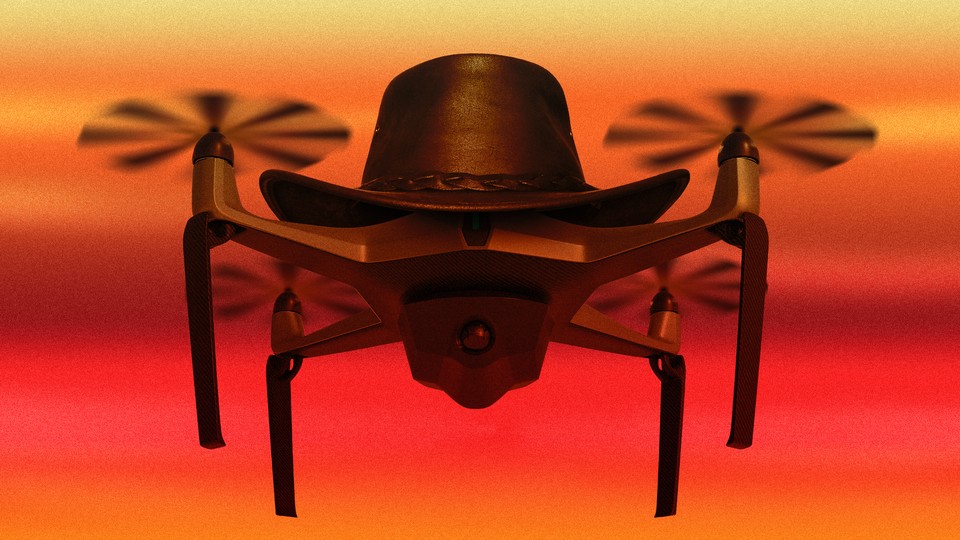 A drone wearing a cowboy hat hovers against a red sky.