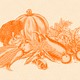 An orange tinted illustration of a pile of vegetables (pumpkin, eggplant, tomatoes, mushrooms, corn)