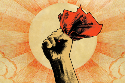 An illustration showing a Soviet-style poster of a hand grabbing cash