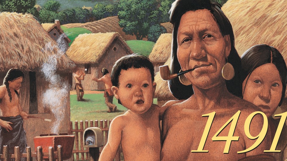 Native Americans in a village with "1491" overlay