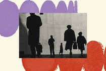On a cream-colored background, a group of purple ovals gives the impression of curving backwards; near the bottom, a group of red ovals stands in a row. In the center is a black-and-white photograph of people walking in different directions against a cement background. The figures are all black, like shadows, carrying briefcases and wearing long coats, hats, and business suits.