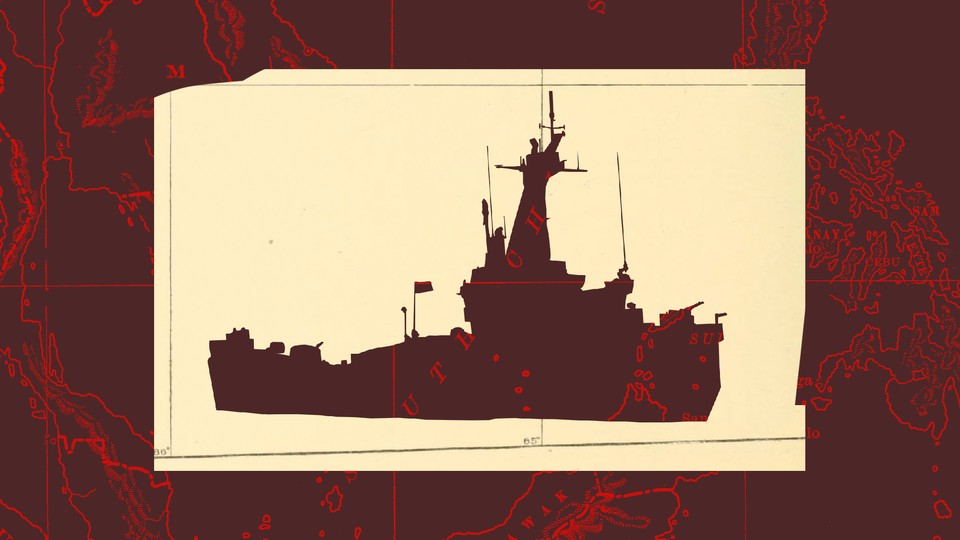Illustration showing a silhouette of the Phillippines' ship, the Sierra Madre, over a military map