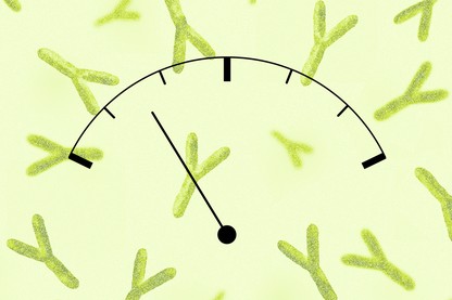 a fuel gauge set against a background of illustrated antibodies