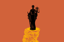An illustration of Lady Justice on top of a stack of coins