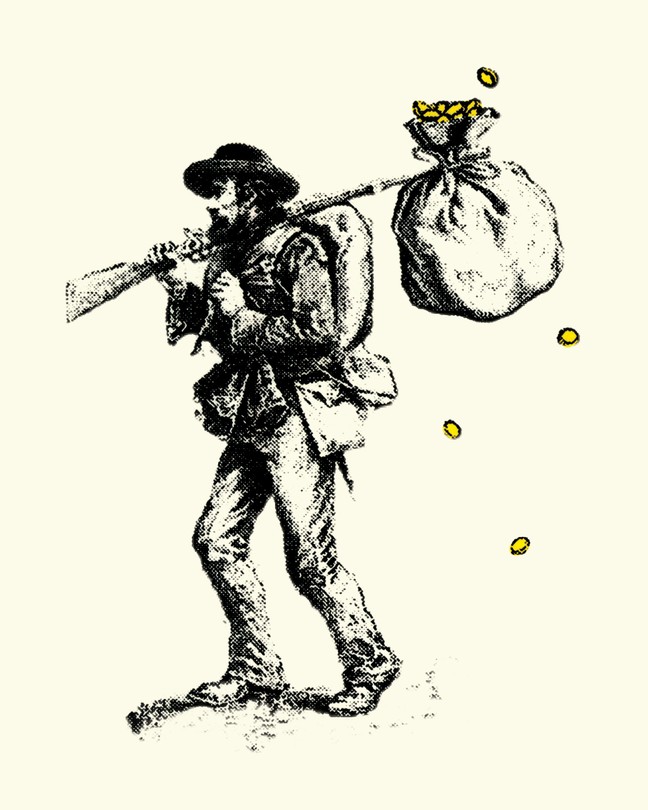 Illustration of Civil War soldier, marching with rifle slung over his shoulder with a bag tied to it shedding gold coins