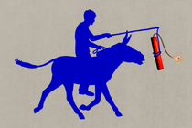 An illustration of a rider leading a donkey with a stick of dynamite resembling a carrot.