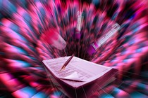 Psychedelic neon-blue-and=pink image of test tubes, sample containers, a clipboard, and a pen being sucked into a vortex