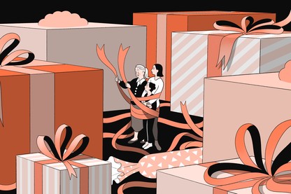 An illustration of a grandmother with her daughter and granddaughter surrounded by gift boxes