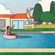 an illustration of an older woman in a yellow bathing suit leaping with abandon from a diving board into a pool while a younger woman in a floating flamingo shields herself with her arms