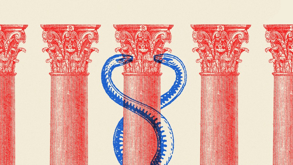 An illustration of the columns of the Supreme Court and the caduceus.