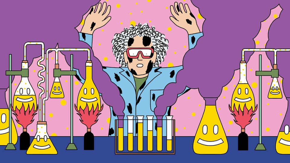 An illustration of a scientist covered in char marks and surrounded by smoking beakers and test tubes