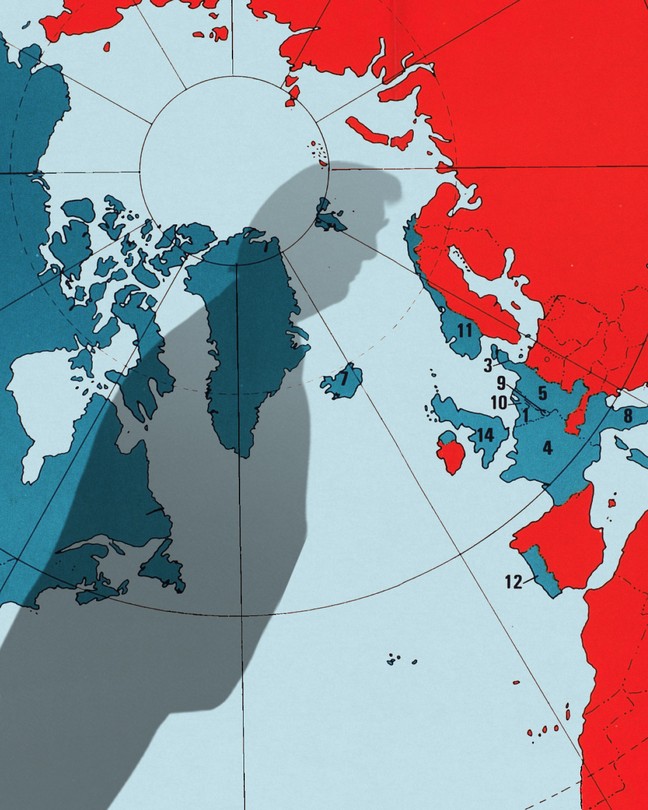 A map of Europe with the shadow of Donald Trump looming over it