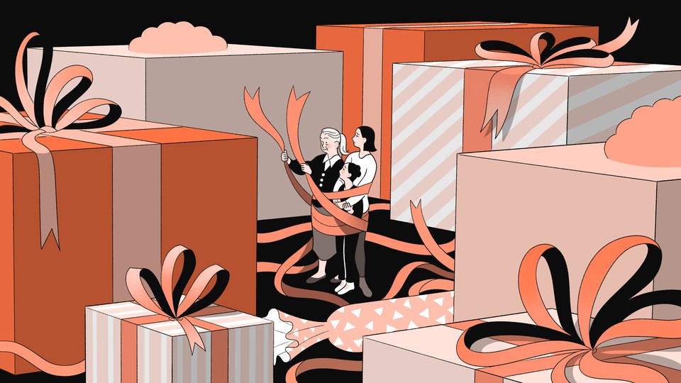 An illustration of a grandmother with her daughter and granddaughter surrounded by gift boxes