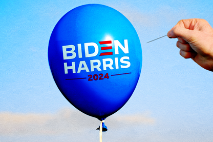 Hand with a needle about to puncture a "Biden Harris 2024" bubble