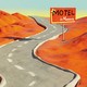 detail from illustration of desert landscape with curving road through it and motel sign