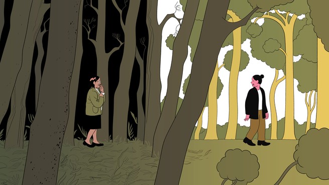 illustration of two people walking in a forest