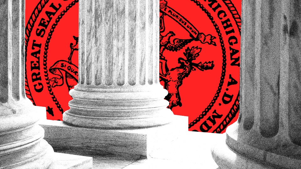 An illustration of the Supreme Court columns with Michigan's state seal behind them