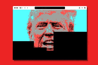 A browser window showing a pixelated image of Donald Trump