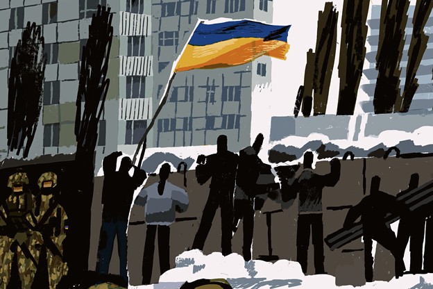 illustration of people looking over a barricade waving Ukrainian flag with snow and high-rise buildings behind and soldiers in foreground