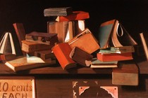 A painting of a stack of books