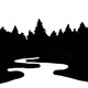 A silhouette of a dark forest on a white background, with a white path through the middle