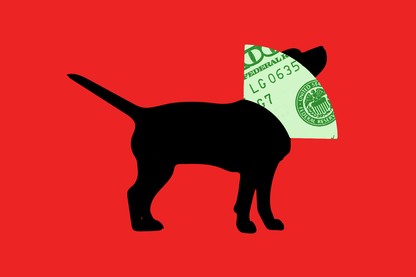 Illustration of a dog wearing a cone that looks like a dollar bill