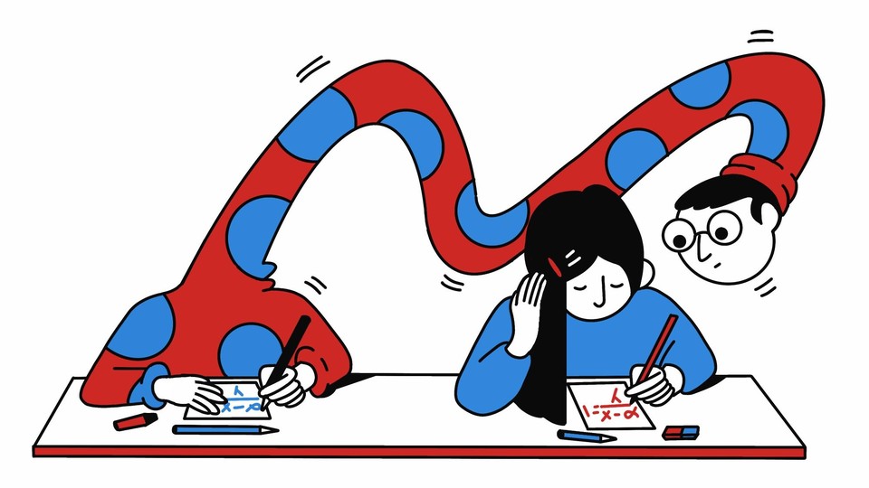 Illustration of a boy with a long, bendy neck peering over the shoulder of a girl doing work