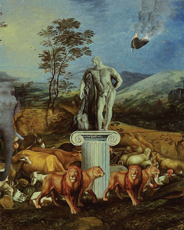 illustration with sculpture of muscular bearded man standing on Ionic column surrounded by animals including sheep, goats, lions, and an elephant, with burning bald eagle falling from sky