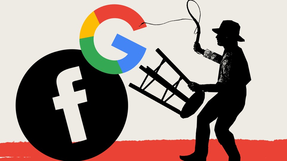 An illustration of a man taming the Google and Facebook logo.