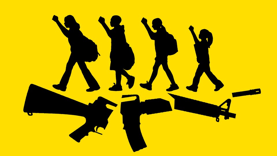 A silhouette of four students protesting on top of a broken assault rifle