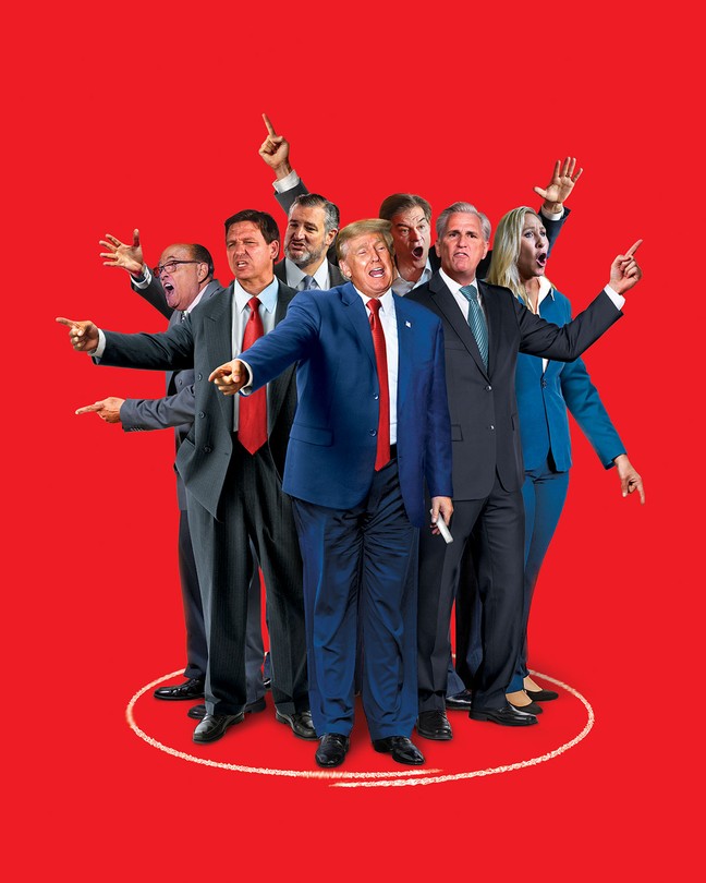 Photo illustration of group of Republicans, including Donald Trump, Marjorie Taylor Greene, Kevin McCarthy, and others, standing in a circle and shouting on red background