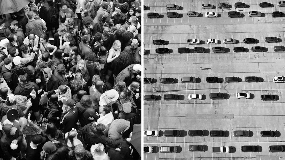 A diptych with a crowd on the left and rows of parked cars on the right