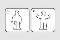 two instruction manual figures looking at each other with confused expressions