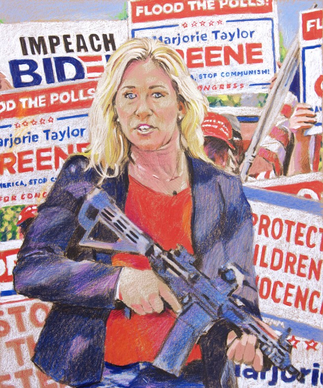 illustration of Marjorie Taylor Greene holding large gun in front of campaign signs saying "Flood the Polls," "Protect Children's Innocence," "Impeach Biden," etc.