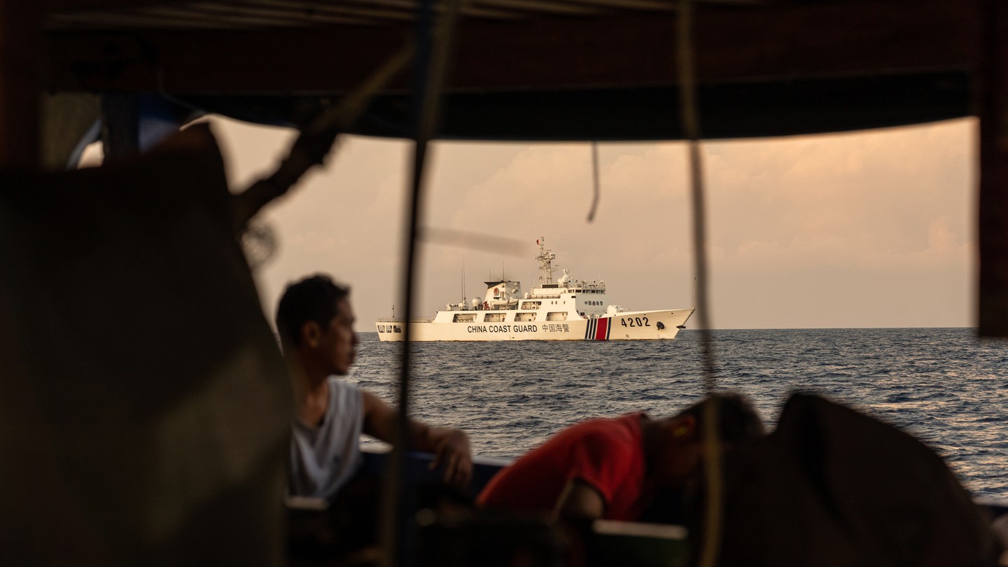 The China Coast Guard vessel shadows the Filipino vessel with tourists on board going to Thitu Island