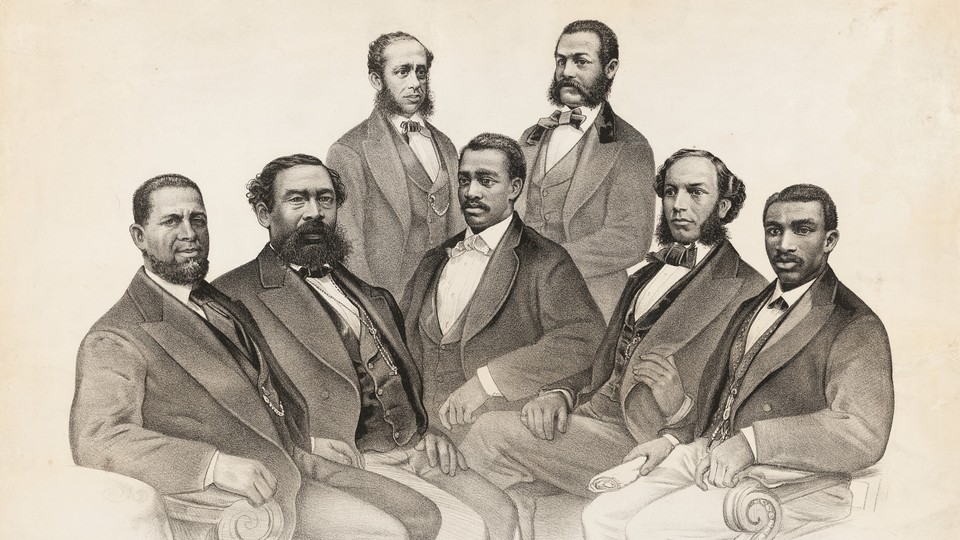 A black and white print that reads at the bottom: "The First Colored Senator and Representatives in the 41st and 42nd Congress of the United States